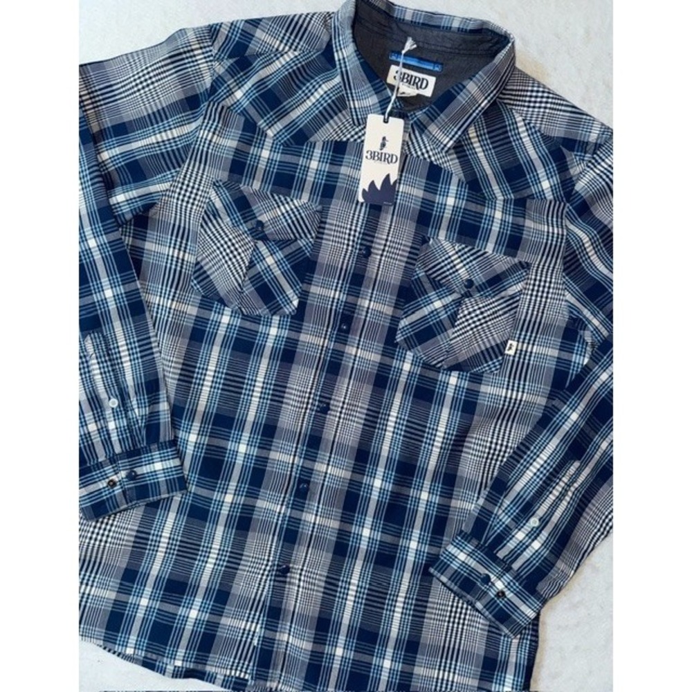3BIRD Wyoming Mens XL Ranchester LS Plaid Long Sleeve Western Shirt Blue Snap - Picture 2 of 12